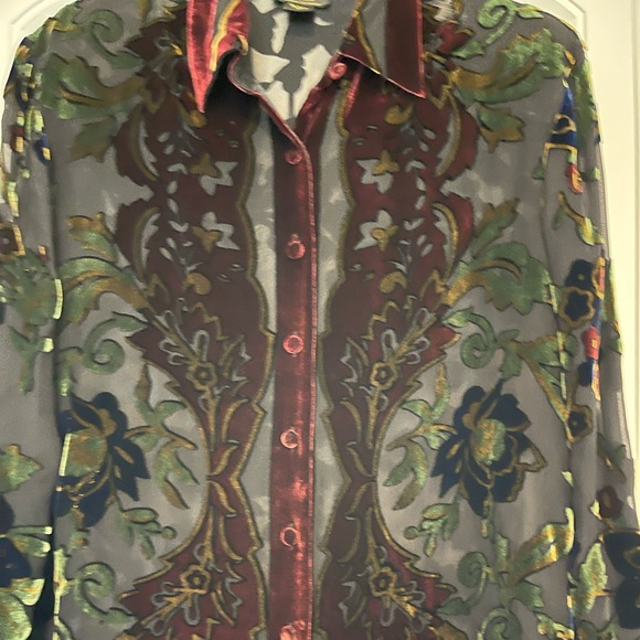 Aris A Velvet and Silk Button-Up Blouse with Burgundy, Green and Gold Accents. - Picture 3 of 5